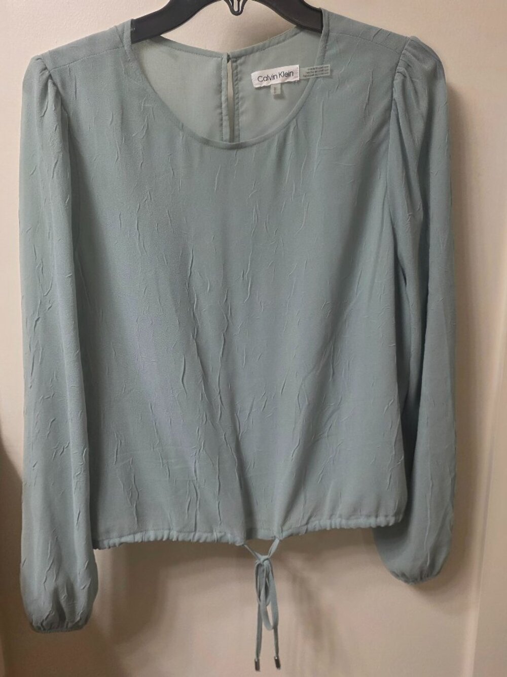 Calvin Klein Crinkle Chiffon Drawstring Hem Blouse in Jadeite/Sage Green